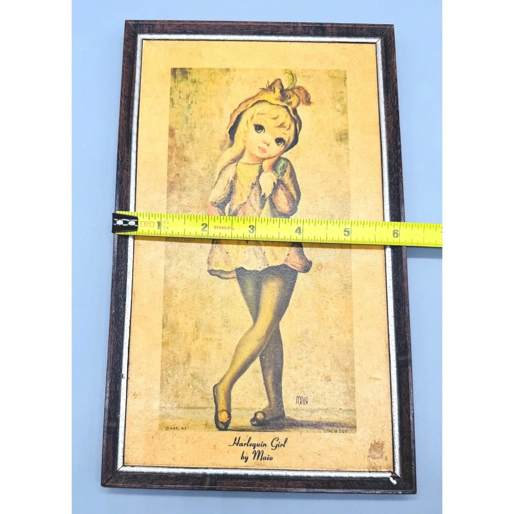 Maio Harlequin Girl Framed Litho Print Vintage Mid Century Modern Big Eye Art